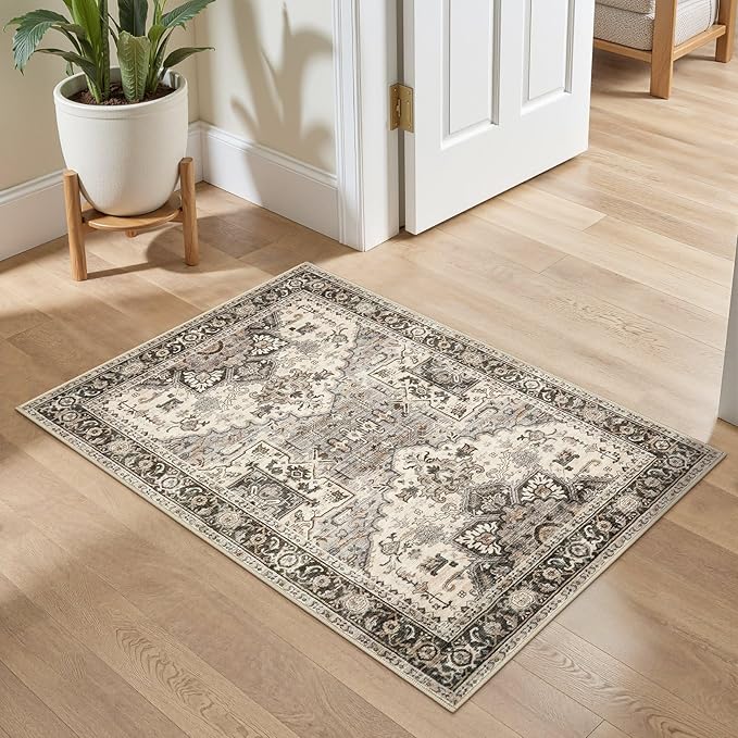 2x3 Washable Entryway Rug: Non-Slip Soft Small Indoor Area Rug for Bedroom Kitchen, Low Pile Stain-Resistant Durable Vintage Floral Carpet for Porch Laundry Kids Room Home Decor (Brown)