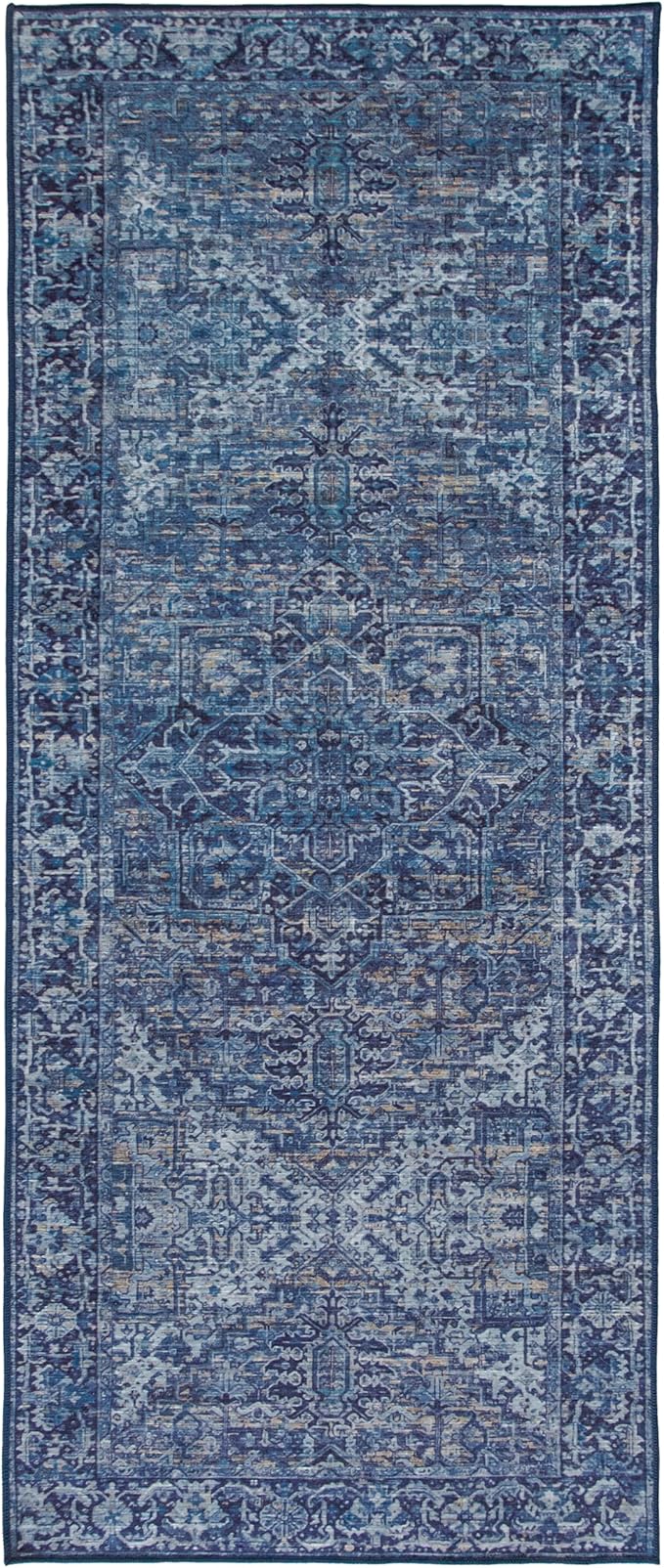 ReaLife Rugs Machine Washable Area Rug Runner - Living Room Bedroom Bathroom Kitchen Entryway Office - Padded Low Pile Stain Resistant Premium - Boho Vintage Traditional - Lyle - Blue 2'6" x 8'