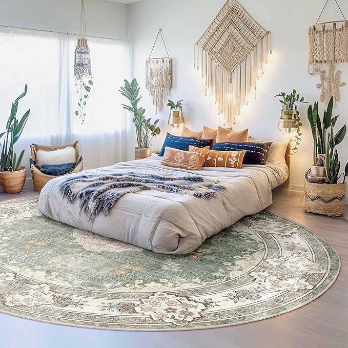 MUJOO Green Round Rug 9ft,Large Circle Washable Area Rugs for Bedroom Living Room Bathroom,Boho Non Slip Circular Carpet,Sage Floral