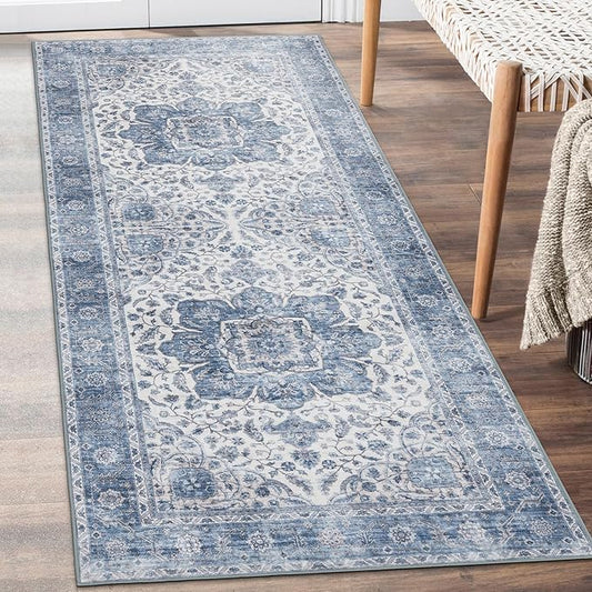 ReaLife Rugs Machine Washable Area Rug Runner - Living Room Bedroom Bathroom Kitchen Entryway Office - Padded Low Pile Stain Resistant Premium - Boho Farmhouse Vintage - Joy - Blue Ivory 2'6" x 6'