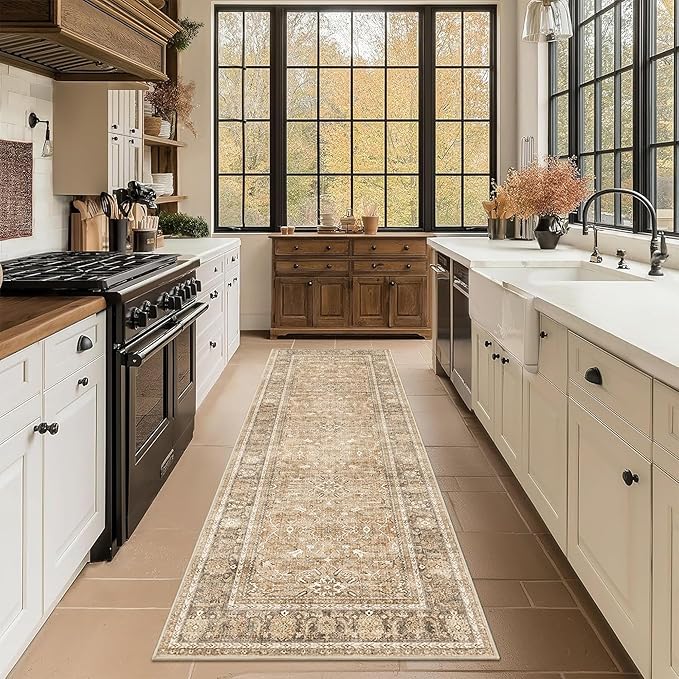 2x6 Runner Rug for Hallways Vintage Distressed Non Slip Long Carpet Floral Boho Distress Print Pattern Mat Lightweight Retro Accent Throw Carpet for Kitchen Bedroom Bedside Laundry Room-Khaki