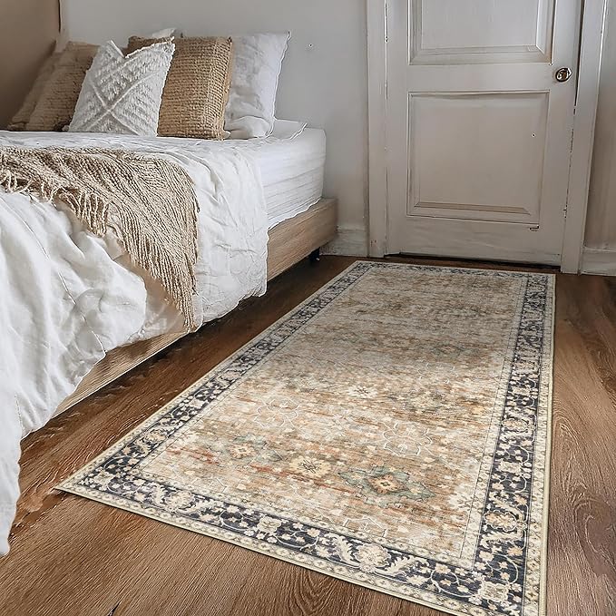 ReaLife Rugs Machine Washable Area Rug - Living Room Bedroom Bathroom Kitchen Entryway Office - Padded Low Pile Stain Resistant Premium - Boho Farmhouse Vintage - BEV - Beige Tan Brown 4' x 6'
