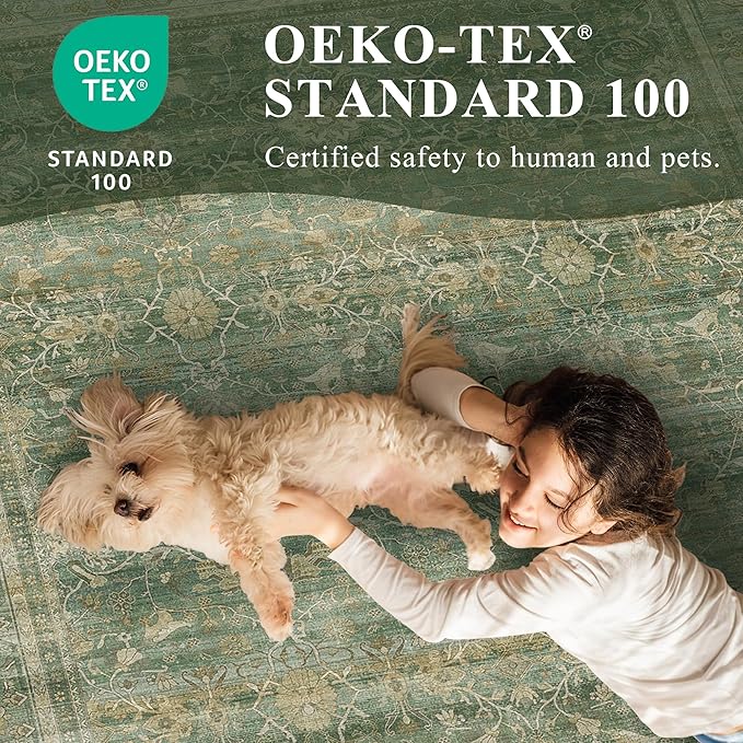 2.6x8 Runner Rug for Hallways Vintage Distressed Non Slip Long Carpet Floral Boho Distress Print Pattern Mat Lightweight Retro Accent Throw Carpet for Kitchen Bedroom Bedside Laundry Room-Green