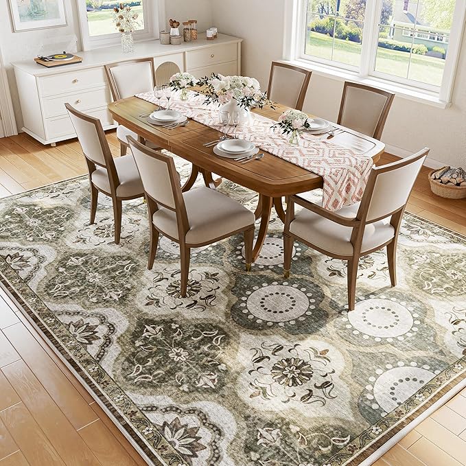 EnHomee Area Rugs 5x7, Soft Washable Rugs for Living Room Bedroom, Boho Non Slip Low Pile Stain Resistant Washable Rug Large Carpet for Dining Room,Easy to Clean Living Room Rug, Green