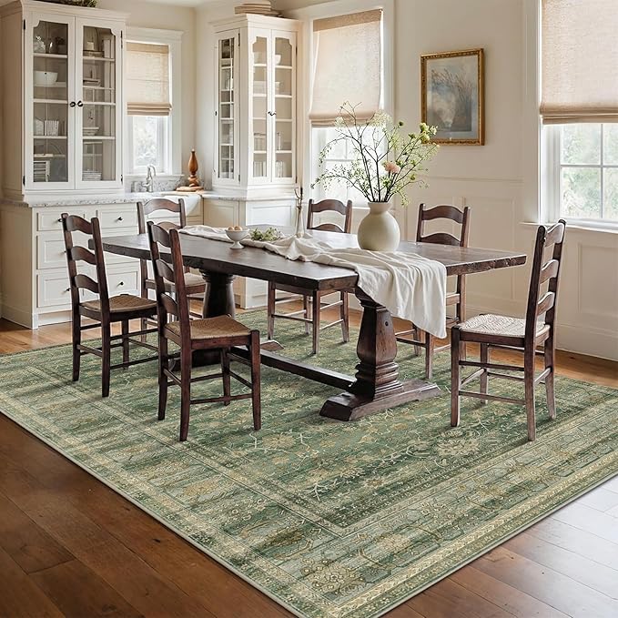 HelloTree Washable Rugs 6x9 Area Rug for Living Room, Vintage Boho Green Rug Non Slip Carpet Retro Accent Indoor Mat Print Distressed Low Pile Throw Large Rug for Office Bedside-Green