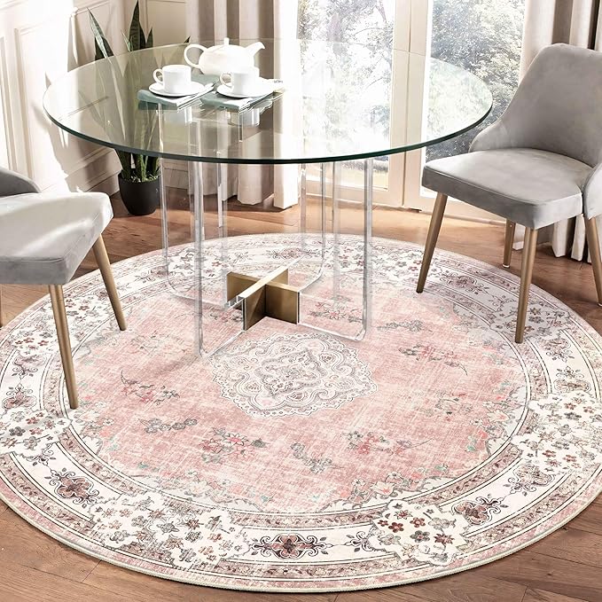 MUJOO Pink Round Rug 5ft,Circle Washable Area Rugs for Bedroom Living Room Bathroom,Boho Large Non Slip Circular Carpet,Blush Floral