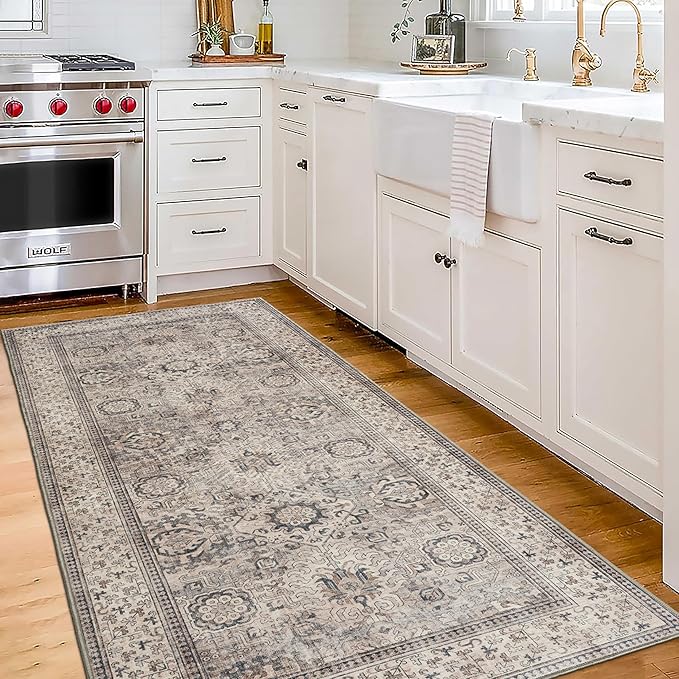 ReaLife Rugs Machine Washable Area Rug - Living Room Bedroom Bathroom Kitchen Entryway Office - Padded Low Pile Stain Resistant Premium - Boho Farmhouse Vintage - Paz - Beige Gray Ivory 2'6" x 6'