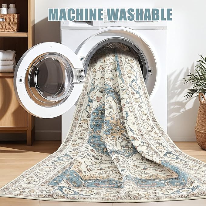 Area Rug for Living Room - 9x12 Soft Washable Oriental Vintage Floral Distressed Large Carpet - Fade Stain Resistant Non Slip Rugs for Bedroom Dining Room Nursery Dorm Office Home Decor - Blue/Beige