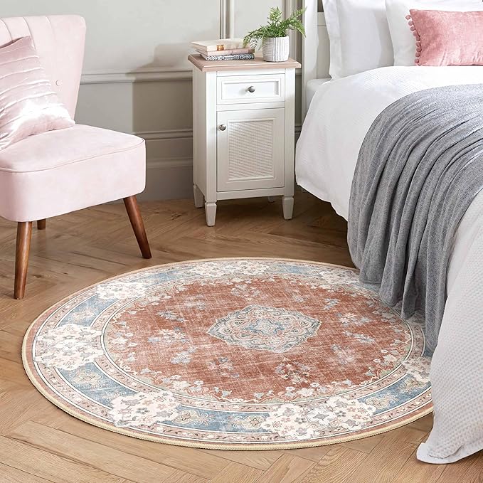MUJOO Boho Round Rug 4ft,Circle Washable Area Rugs for Bedroom Living Room Bathroom,Vintage Small Distressed Non Slip Circular Carpet,Orange Navy Blue Floral