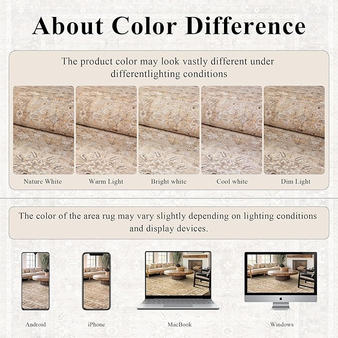 HelloTree Washable Rugs 9x12 Area Rug for Living Room, Vintage Boho Khaki Rug Non Slip Carpet Retro Accent Indoor Mat Print Distressed Low Pile Throw Large Rug for Office Dining Room Bedside-Khaki