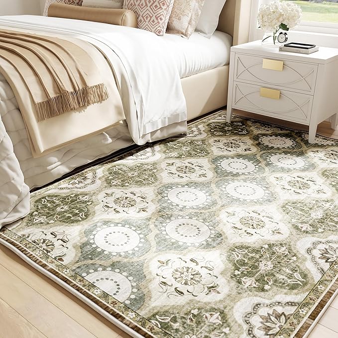 EnHomee Washable Area Rugs 4x6, Soft Area Rug for Living Room Bedroom, Boho Non Slip Low Pile Stain Resistant Washable Rug Large Carpet for Dining Room,Easy to Clean Living Room Rug, Green
