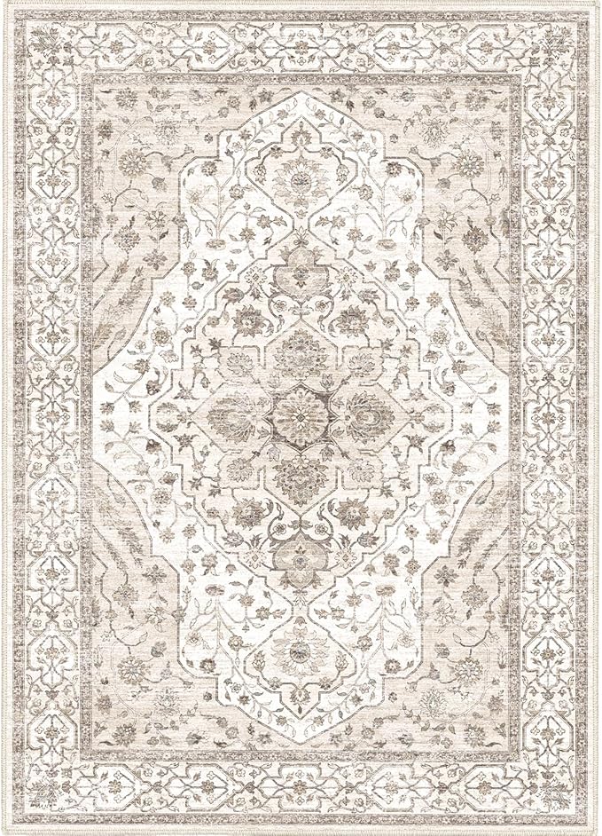 5'x7' Machine Washable Abstract Design Area Rug Machine Washable Area Rugs 5X7, Non Slip, Stain Resistant, Home Decor Living Room Area Rugs 5x7 (Beige Cream 5x7)…