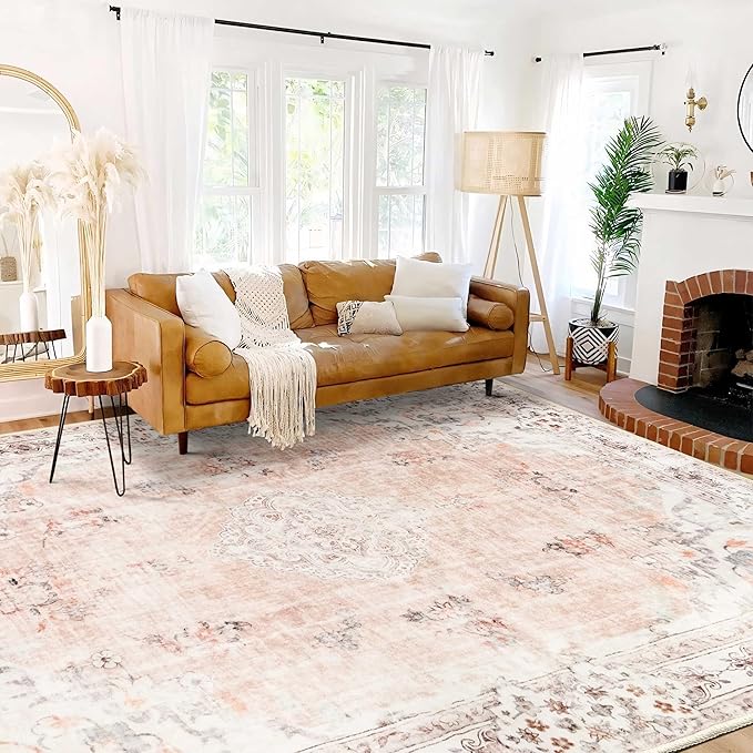 MUJOO 9'x12' Area Rug - Large Pink Boho Washable Non Slip Blush Pink Big Carpet Floral Flowers