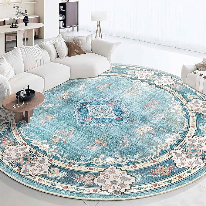 MUJOO Teal Round Rug 9ft,Large Circle Washable Area Rugs for Bedroom Living Room Bathroom,Boho Non Slip Circular Carpet,Floral