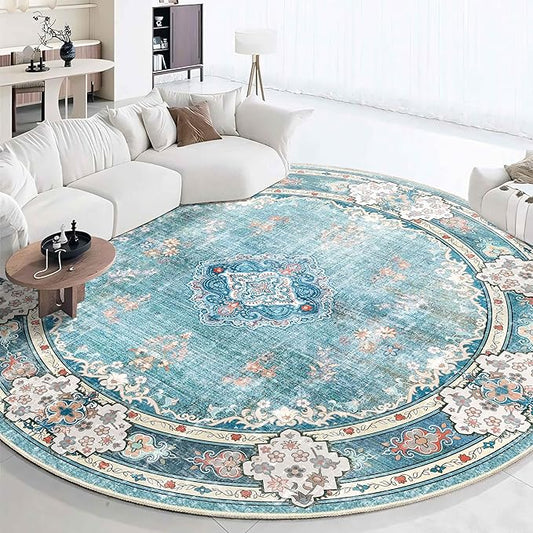 MUJOO Teal Round Rug 9ft,Large Circle Washable Area Rugs for Bedroom Living Room Bathroom,Boho Non Slip Circular Carpet,Floral