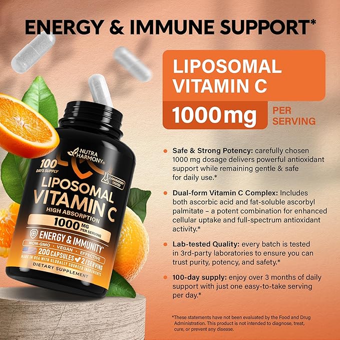 Liposomal Vitamin C 1000mg - High Absorption & Gentle On Stomach - Antioxidant, Energy Boost & Immune Support - Vitamin C Supplement - NON-GMO & SOY-Free - Made in USA - 200 Capsules, 100 Day Supply