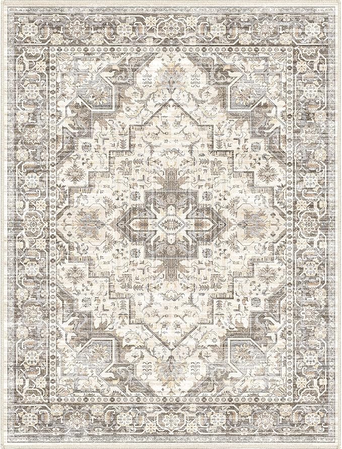 Washable Vintage Area Rug 8x10，Printed Vintage Home Decor, Floor Decoration Carpet Mat，Thin Rug for Living Room, Distressed Oriental Reto Indoor Floor Carpet Rug (Brown Beige 8x10)