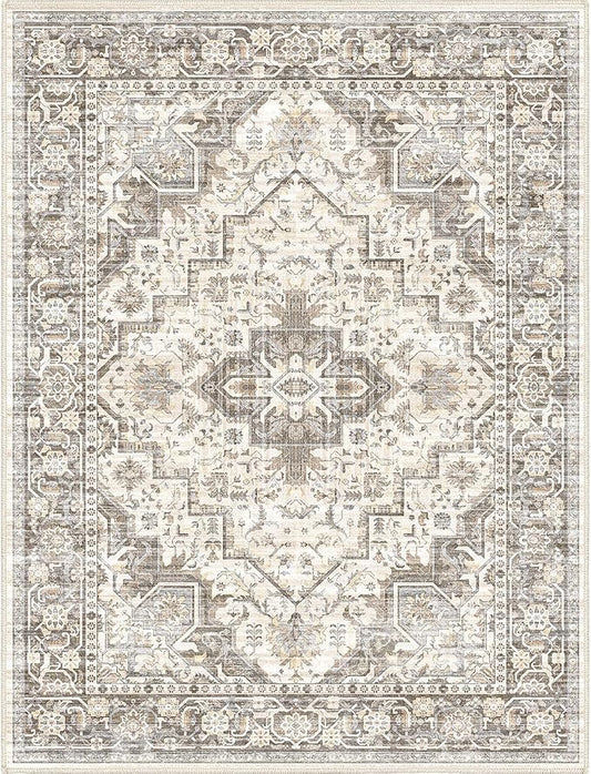 Washable Vintage Area Rug 8x10，Printed Vintage Home Decor, Floor Decoration Carpet Mat，Thin Rug for Living Room, Distressed Oriental Reto Indoor Floor Carpet Rug (Brown Beige 8x10)