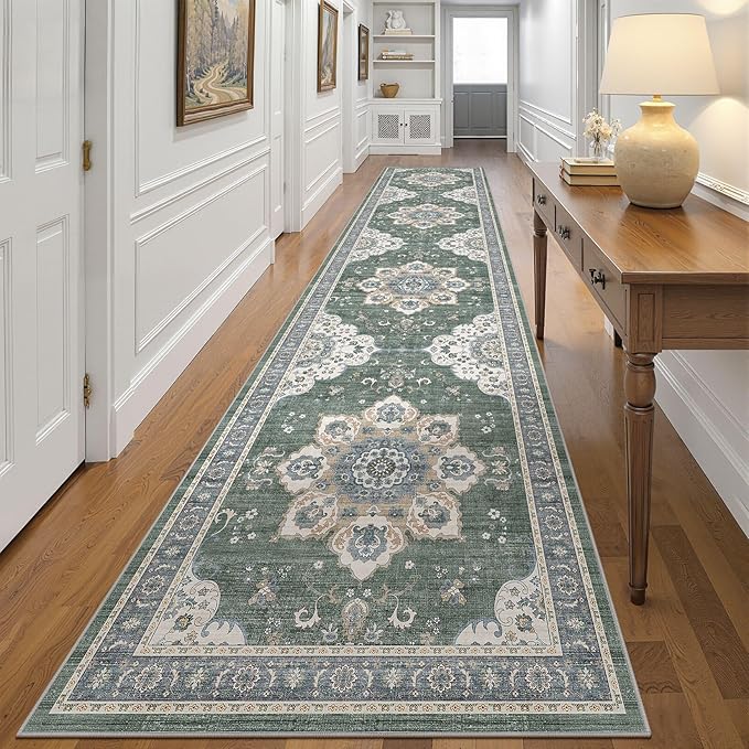 Area Rug for Living Room - 3x14 Soft Washable Oriental Vintage Floral Distressed Large Carpet - Fade Stain Resistant Non Slip Rugs for Bedroom Dining Room Nursery Dorm Office Home Decor - Green
