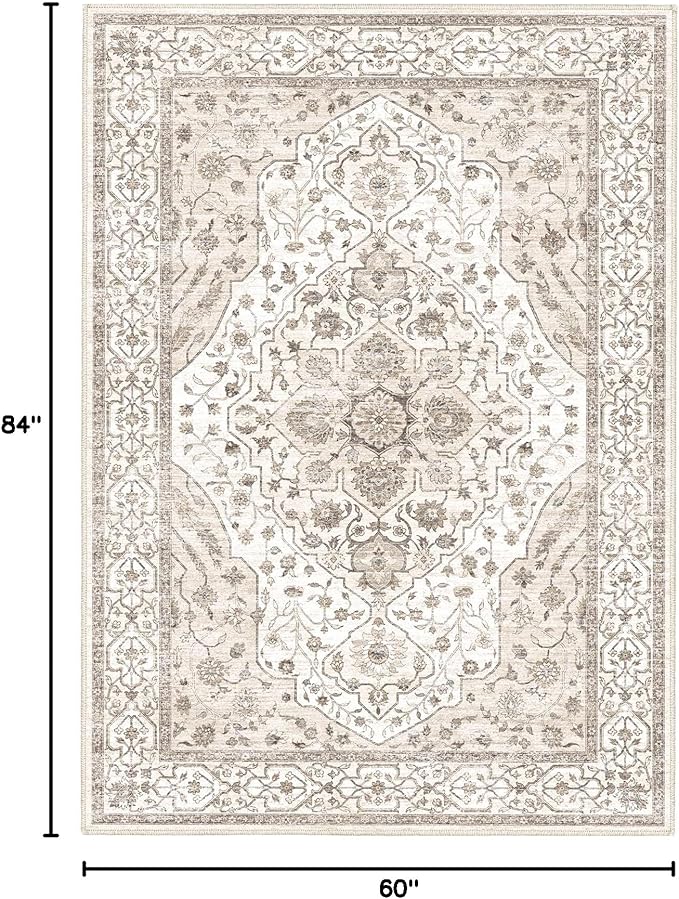 5'x7' Machine Washable Abstract Design Area Rug Machine Washable Area Rugs 5X7, Non Slip, Stain Resistant, Home Decor Living Room Area Rugs 5x7 (Beige Cream 5x7)…