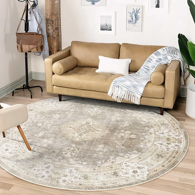 MUJOO Beige Round Rug 6ft,Circle Washable Area Rugs for Bedroom Living Room Bathroom,Boho Large Vintage Bohemian Distressed Farmhouse Non Slip Circular Carpet,Floral