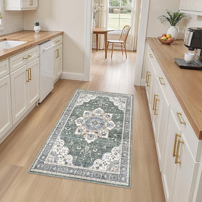 3x5 Washable Entryway Rug: Non-Slip Soft Vintage Floral Indoor Area Rug for Living Room Large Kitchen Entryway Bedroom Bedside, Door Mat Throw Carpet for Laundry Foyer Home Decor (Green)