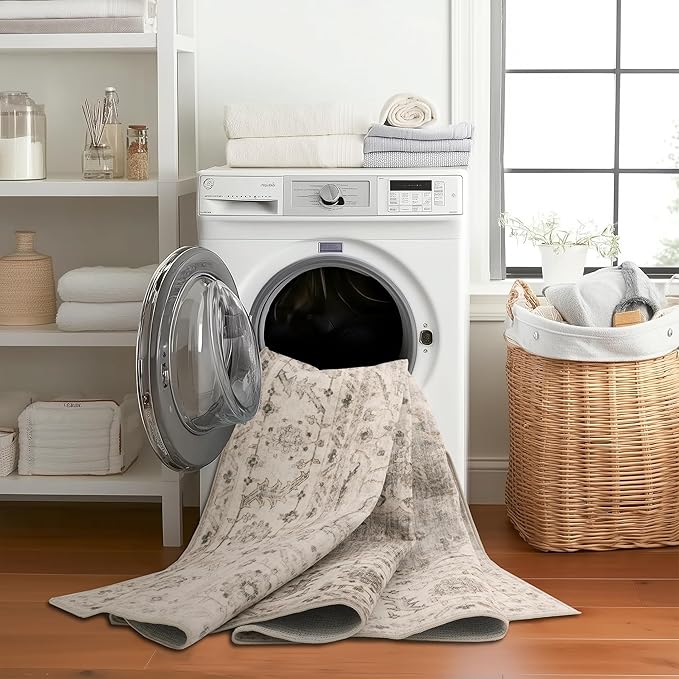 ReaLife Rugs Machine Washable Area Rug - Living Room Bedroom Bathroom Kitchen Entryway Office - Padded Low Pile Stain Resistant Premium - Boho Farmhouse Vintage - Joy - Beige Ivory 6' x 8'