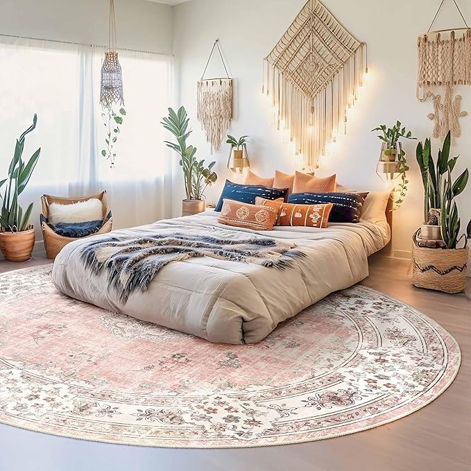 MUJOO Pink Round Rug 9ft,Large Circle Washable Area Rugs for Bedroom Living Room Bathroom,Boho Non Slip Circular Carpet,Blush Floral
