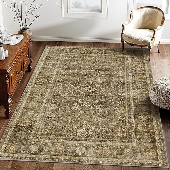 HelloTree Vintage Area Rug 3x5 Brown Entryway Office Washable Carpet Non Slip Backing Printed Distressed Rugs for Bedroom Vintage Boho Tribal Area Rugs for Bathroom Bedroom Dining Living Room-Brown