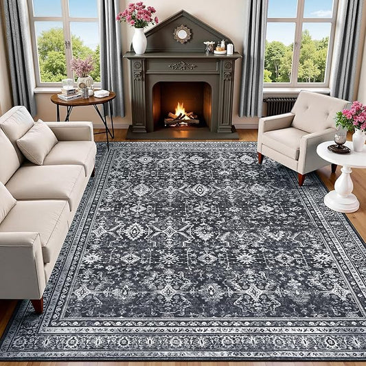 Lofus 8x10 Area Rug for Living Room,Black Washable Area Rugs with Non-Slip Backing,Soft Boho Carpets for Bedroom Dining Room Home Office Indoor Nursery