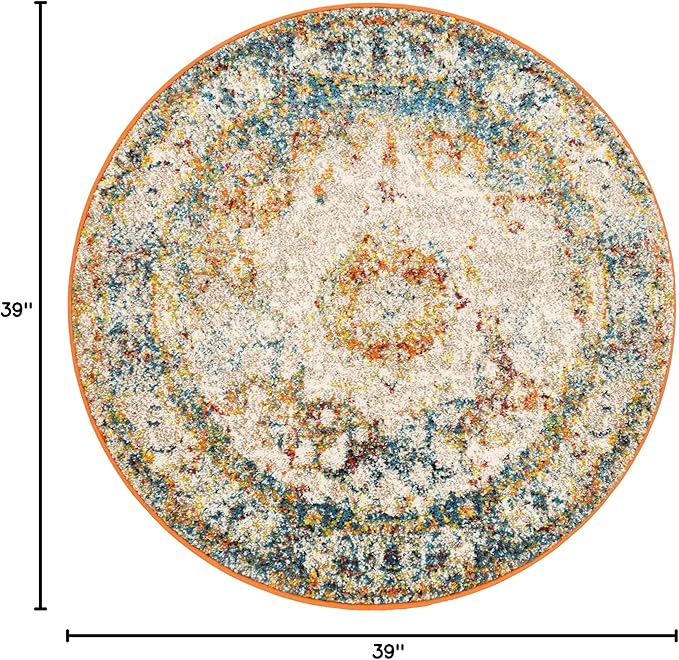 Unique Loom Rosso Collection Traditional, Vintage, Medallion, Border, Distressed, Southwestern Area Rug, 3 ft 3 in x 3 ft 3 in, Ivory/Blue