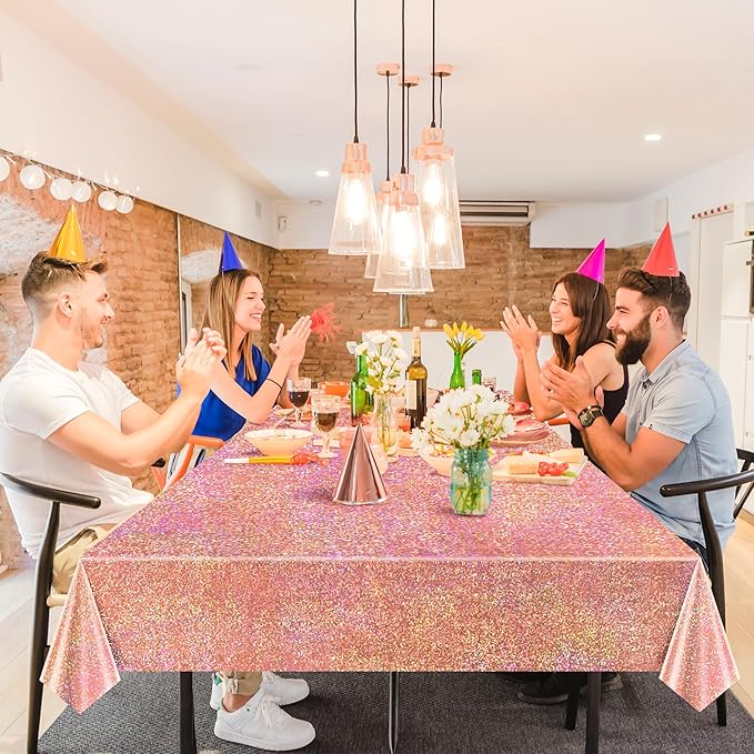 2 pcs Rose Gold Holographic Table Cloth 40" x 108" Shiny Bachelorette Party Decorations Plastic Laser Sparkly Tablecloth Glitter Table Decor for Wedding Anniversary Event Birthday Party Supplies