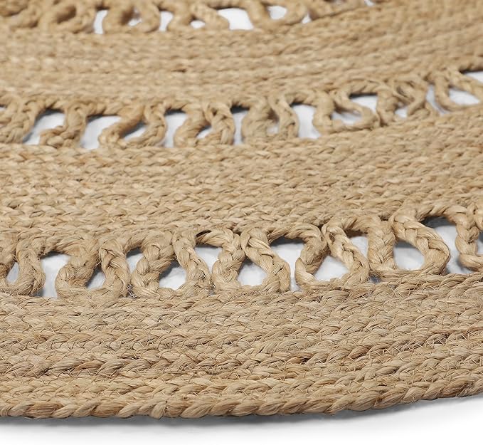 REDEARTH · Round Area Rug - 8 Feet Braided Scalloped Earthy Trails Jute Rug- Artisan Made Boho Jute Patterned Rugs for Bedroom, Kitchen, Living Room, Farmhouse, Aesthetic, Handmade Vintage Decor