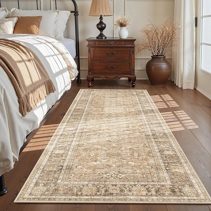 2x6 Runner Rug for Hallways Vintage Distressed Non Slip Long Carpet Floral Boho Distress Print Pattern Mat Lightweight Retro Accent Throw Carpet for Kitchen Bedroom Bedside Laundry Room-Khaki