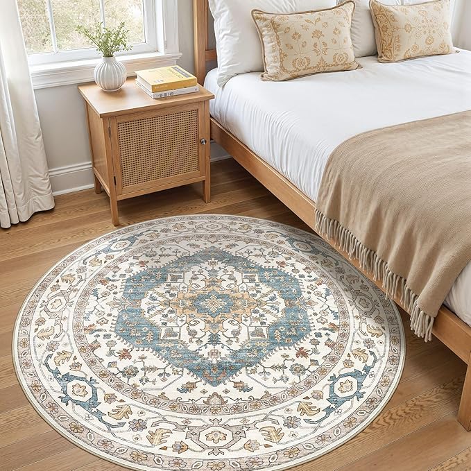 Area Rug for Living Room - 5x5 Soft Washable Oriental Vintage Floral Distressed Large Carpet - Fade Stain Resistant Non Slip Rugs for Bedroom Dining Room Nursery Dorm Office Home Decor - Blue/Beige