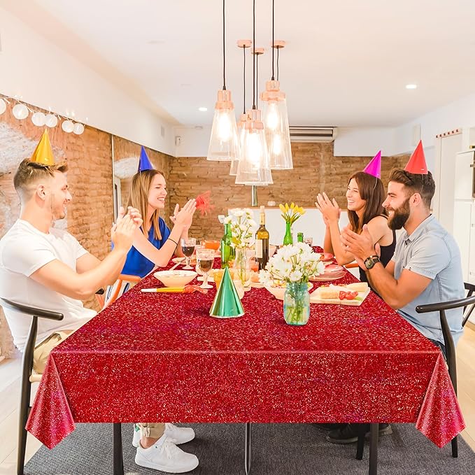 2 pcs Red Holographic Laser Tablecloths for Parties 40" x 108" Christmas Table Cloth Iridescence Shining Table Decoration For 4th July Graduation Patriotic Casino Night Theme Birthday Party Supplies