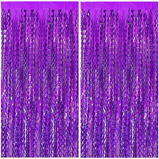 2 Pack Purple Backdrop Tinsel Foil Fringe Curtains Sparkle Metallic Wavy Foil Fringe Backdrop Curtain Photo Booth Props for Halloween Party Decorations Birthday Graduation Bachelorette