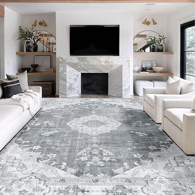 MUJOO 9’x12’ Area Rug Large Rugs for Living Room Bedroom Dining Room,Boho Washable Non Slip Bohemian Vintage Distressed Farmhouse Non Slip Big Carpet,Grey Floral Flowers