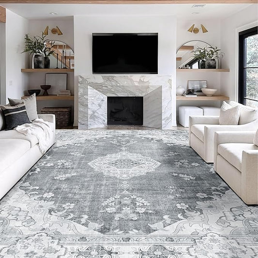 MUJOO 9’x12’ Area Rug Large Rugs for Living Room Bedroom Dining Room,Boho Washable Non Slip Bohemian Vintage Distressed Farmhouse Non Slip Big Carpet,Grey Floral Flowers