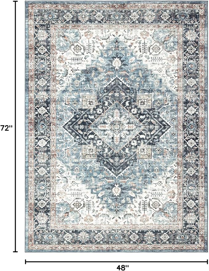 Area Rug 4×6, Vintage Boho Rug,Ultra-Soft Low Pile, Washable, Non Slip,Stain Resistant Printed Carpet for Living Room Bedrooms Playroom Office Kitchen, Blue/Navy