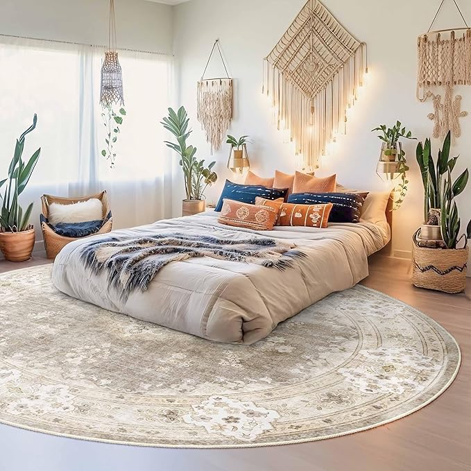 MUJOO Beige Round Rug 9ft,Large Circle Washable Area Rugs for Bedroom Living Room Bathroom,Boho Non Slip Circular Carpet,Floral