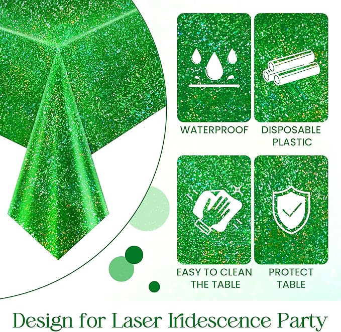 4 pcs Green Holographic Laser Tablecloth 40" x 108" Christmas Table Cloth Shimmer Shining Plastic Metallic Table Cover for Jungle Safari Wild One Baby Shower Birthday Party Decoration Supplies