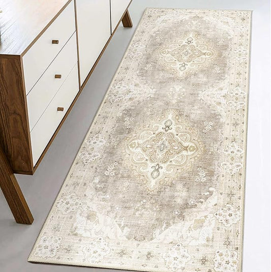 MUJOO Beige Runner Rug 2'x6', Long Washable Rug Runners for Hallways Entryway Kitchen Bathroom Bedside,Boho Vintage Bohemian Distressed Farmhouse Non Slip Carpet,Floral