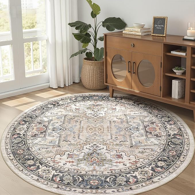 Area Rug for Living Room - 5x5 Large Soft Washable Oriental Vintage Floral Carpet Safe for Babies & Pets - Fade Stain Resistant Non Slip Rugs for Bedroom Dining Room Nursery Dorm Office Home Decor