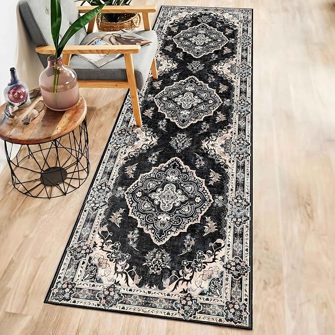 MUJOO Hallway Runner Rug 2'x8' Black,Long Boho Rug Runners Washable Non Slip Carpet for Entryway Kitchen Bathroom Bedside,Vintage Bohemian Distressed Farmhouse Non Slip Carpet,Floral
