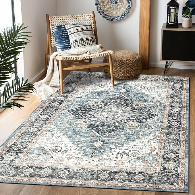 Area Rug 5×7, Vintage Boho Rug,Ultra-Soft Low Pile, Washable, Non Slip,Stain Resistant Printed Carpet for Living Room Bedrooms Playroom Office Kitchen, Blue/Navy