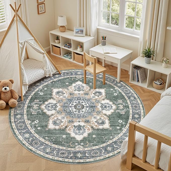 Area Rug for Living Room - 8x8 Soft Washable Oriental Vintage Floral Distressed Large Carpet - Fade Stain Resistant Non Slip Rugs for Bedroom Dining Room Nursery Dorm Office Home Decor - Green