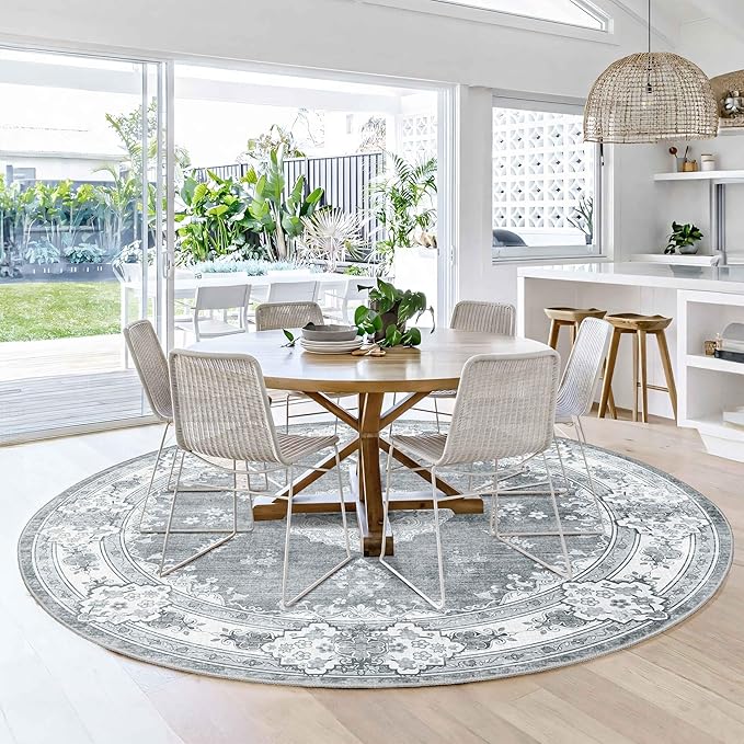 MUJOO Grey Round Rug 6ft,Circle Washable Area Rugs for Bedroom Living Room Bathroom,Boho Large Vintage Bohemian Distressed Farmhouse Non Slip Circular Carpet,Floral