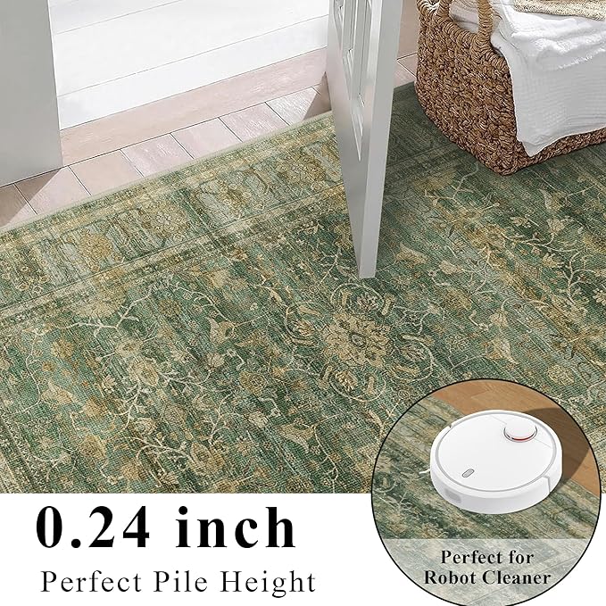 HelloTree 2x3 Entryway Rug Washable Vintage Print Door Mat Kitchen Rugs for Front Door Bedroom Living Room Entrance Small Soft Traditional Distressed Carpet Folable for Room Bedside-Green