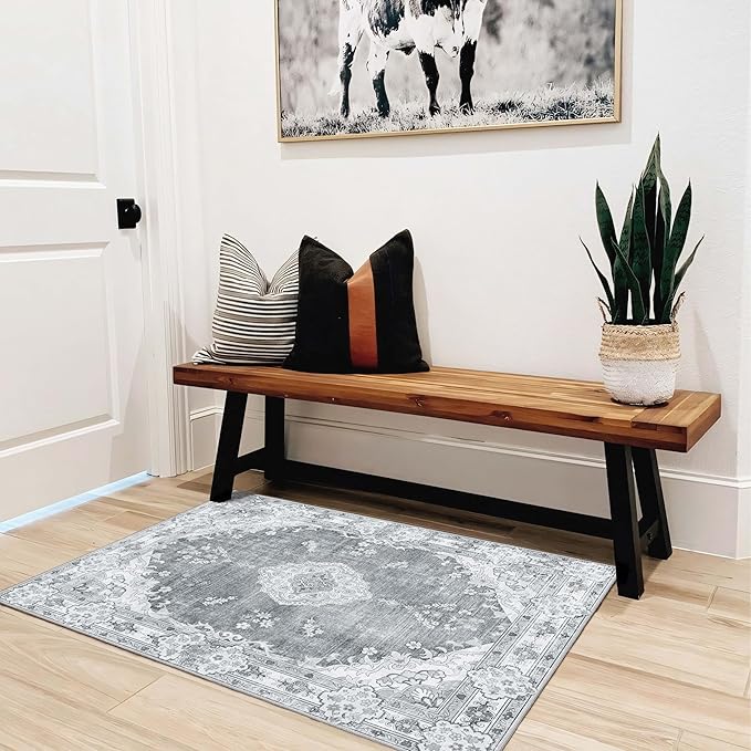MUJOO Grey Rug 2'x3',Small Washable Area Rugs for Entryway Kitchen Bathroom Bedroom,Boho Vintage Bohemian Distressed Farmhouse Non Slip Carpet, Floral